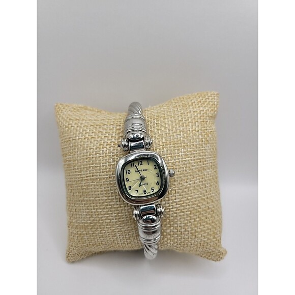 Vintage Cote d Azur Wristwatch Silver Tone Cuff Bracelet Cream Dial Square - Picture 2 of 12